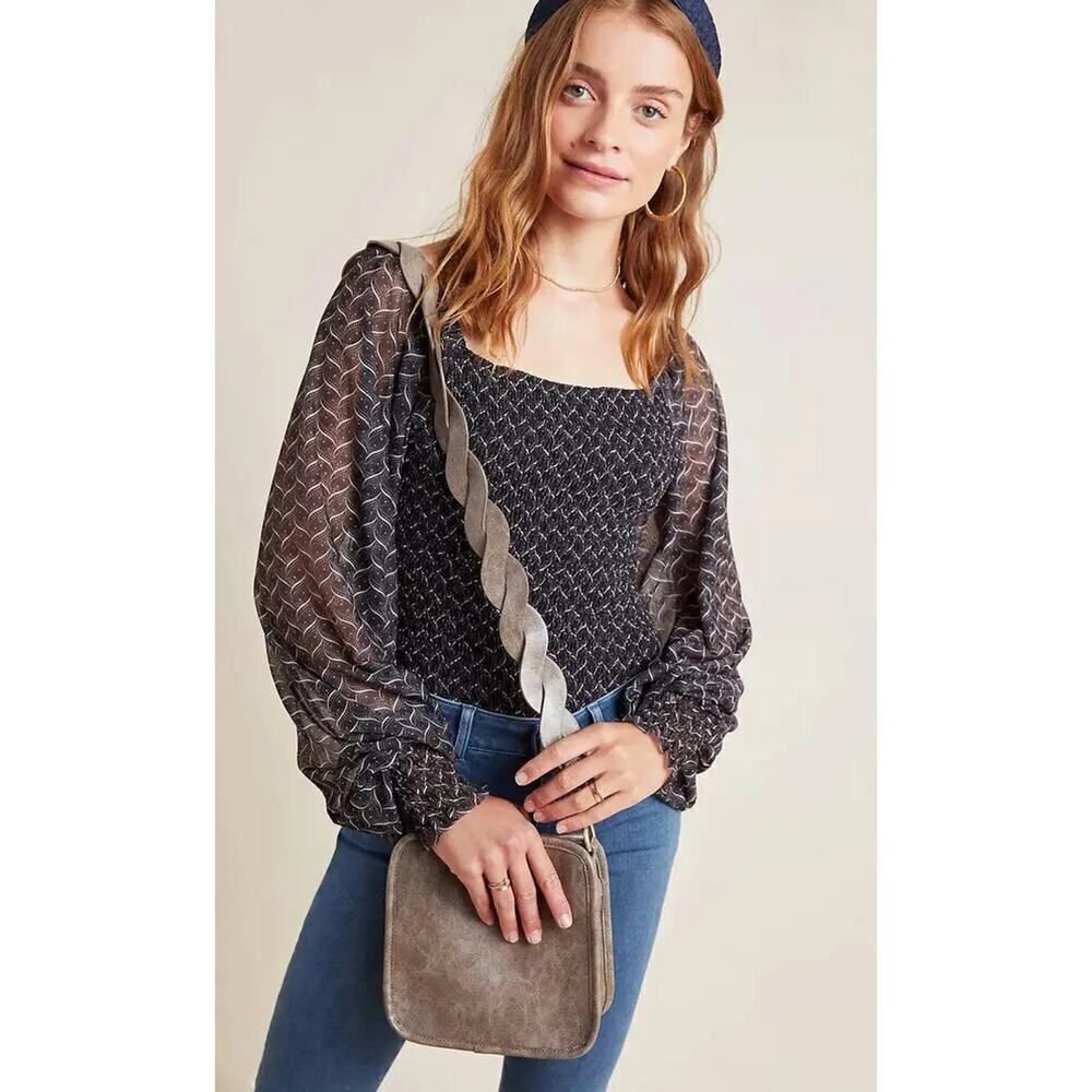 Anthropologie Rouen Balloon Sleeves Smocked black chiffon sleeve Blouse XS